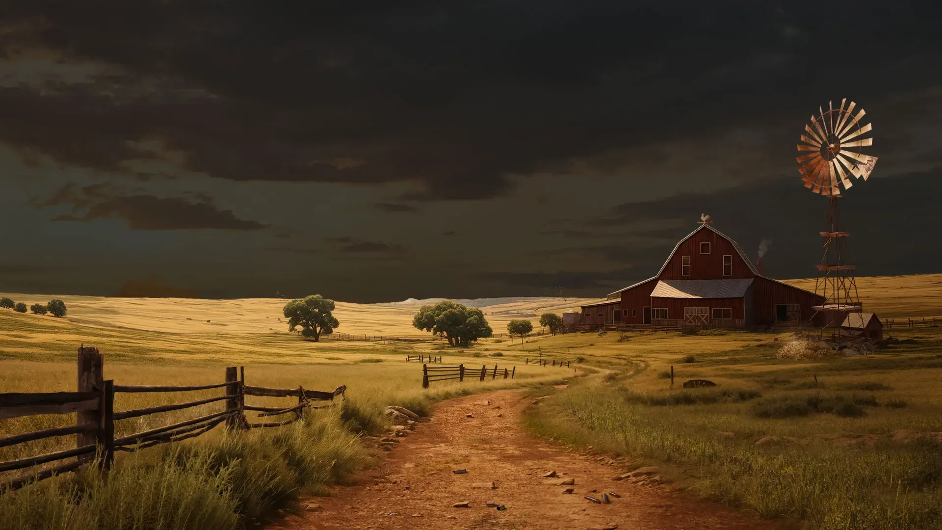 BulletFarm key art: a red barn and windmill on open farmland under a storm sky